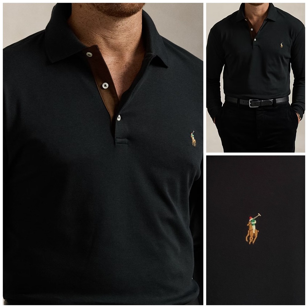 Polo Ralph Lauren Classic Polo Shirt XXL Soft Black w Brown Suede Placket Wornx1